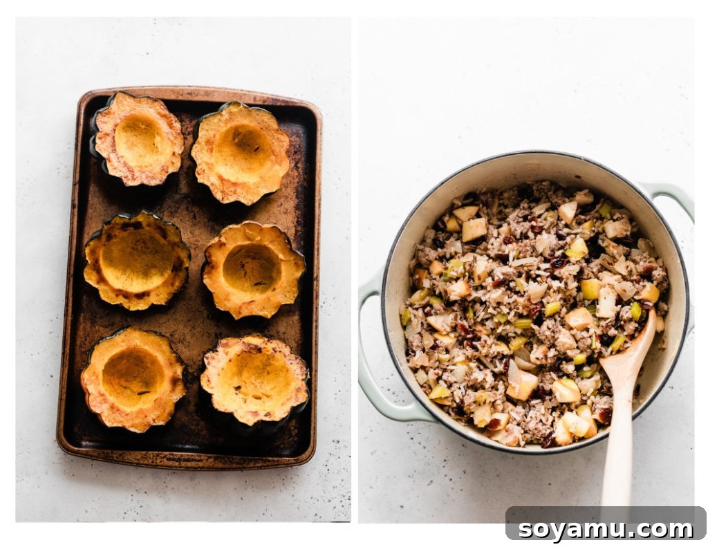 From Oven to Stovetop: Roasted Acorn Squash and Prepared Filling. Two separate images: one showing roasted acorn squash halves on a baking sheet, and the other depicting the savory filling mixture simmering in a pot.