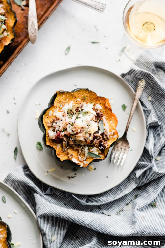 Elegant Autumn Plating: Stuffed Acorn Squash with Herbs and Parmesan. A beautifully plated stuffed acorn squash half, garnished with fresh herbs and a sprinkle of Parmesan, served on a rustic wooden board.