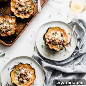 Stuffed Acorn Squash plated for a festive meal. Two plates with beautifully garnished stuffed acorn squash halves, ready to be served.