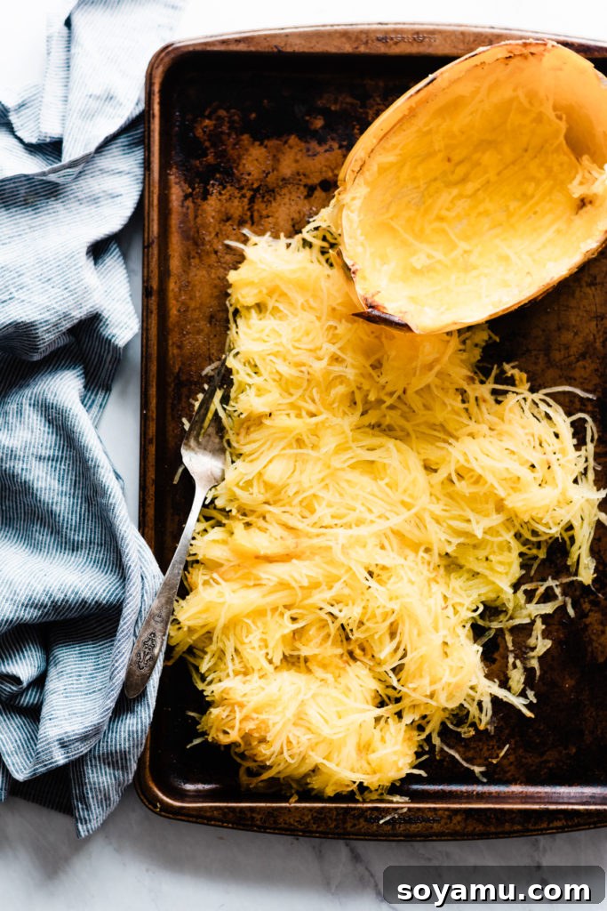 Perfectly Roasted Spaghetti Squash: A Delicious Pasta Alternative A freshly roasted spaghetti squash half, showing its golden, tender strands ready to be scraped out.