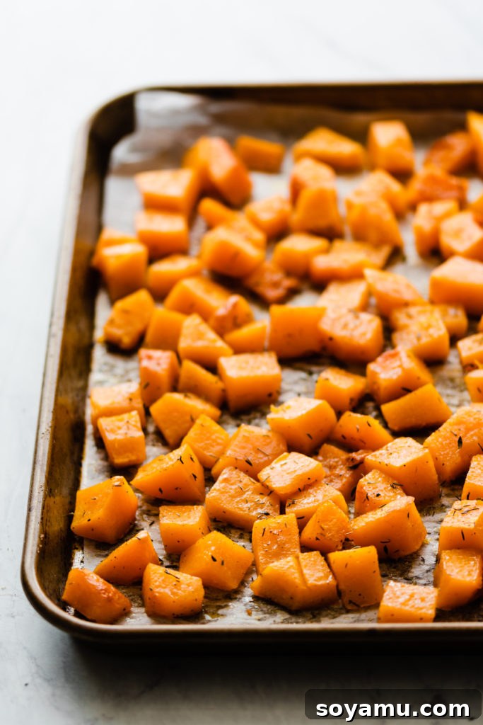 Roasted Butternut Squash: Fork Tender and Flavorful Perfectly roasted butternut squash with tender interior and caramelized edges, ready to be served as a delicious side dish.
