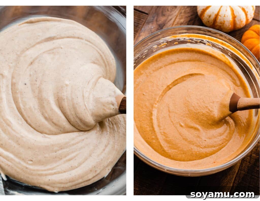Separated and flavored pumpkin and vanilla cheesecake batters Two separate bowls of cheesecake batter: one with a light vanilla spice hue and another with a rich, orange pumpkin color, ready for swirling.