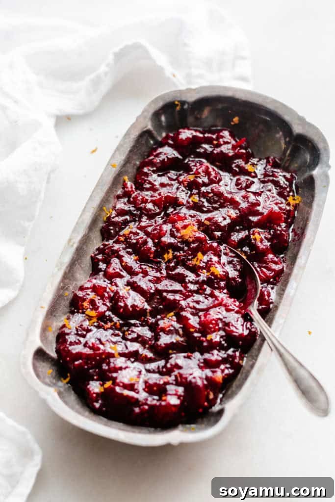 Artisanal Maple Cranberry Sauce 2 A festive serving dish brimming with homemade cranberry sauce, garnished with vibrant orange zest. A serving spoon gently scoops into the rich, ruby-red sauce, inviting guests to indulge.