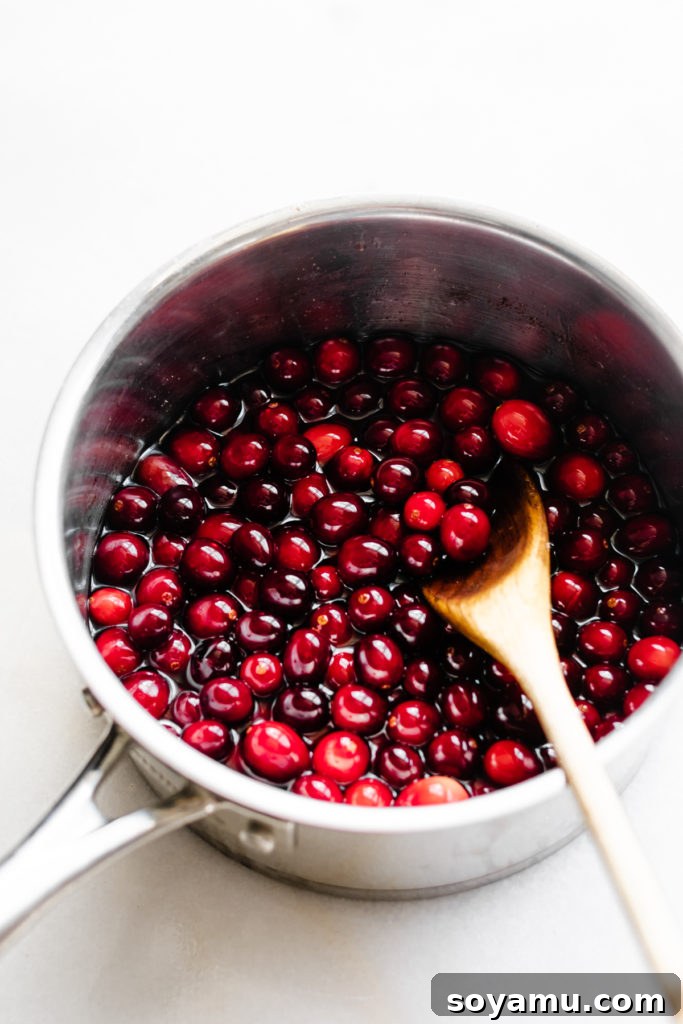 Artisanal Maple Cranberry Sauce 4 A vibrant close-up of whole cranberries simmering in a glossy, sweet syrup within a saucepan, showing the initial stages of cooking as they begin to soften and burst.