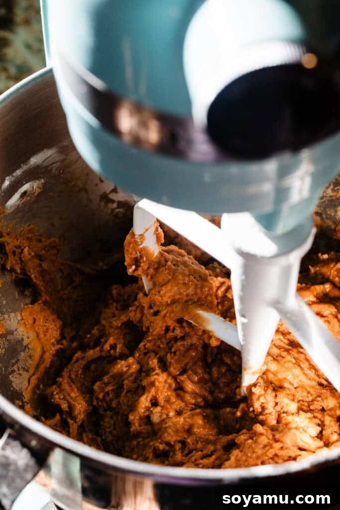 The wet and shaggy gingerbread dough starting to mix in a stand mixer, indicating the initial stage of dough preparation.