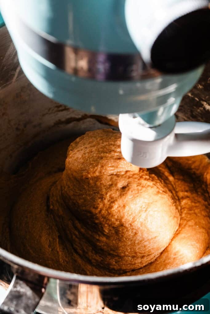 A stand mixer's dough hook smoothly kneading the gingerbread dough, which has transformed into a more elastic and uniform texture.