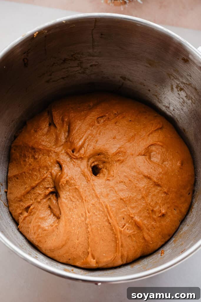 A bowl of gingerbread dough, visibly doubled in size after its first rise, indicating it's ready for the next steps.