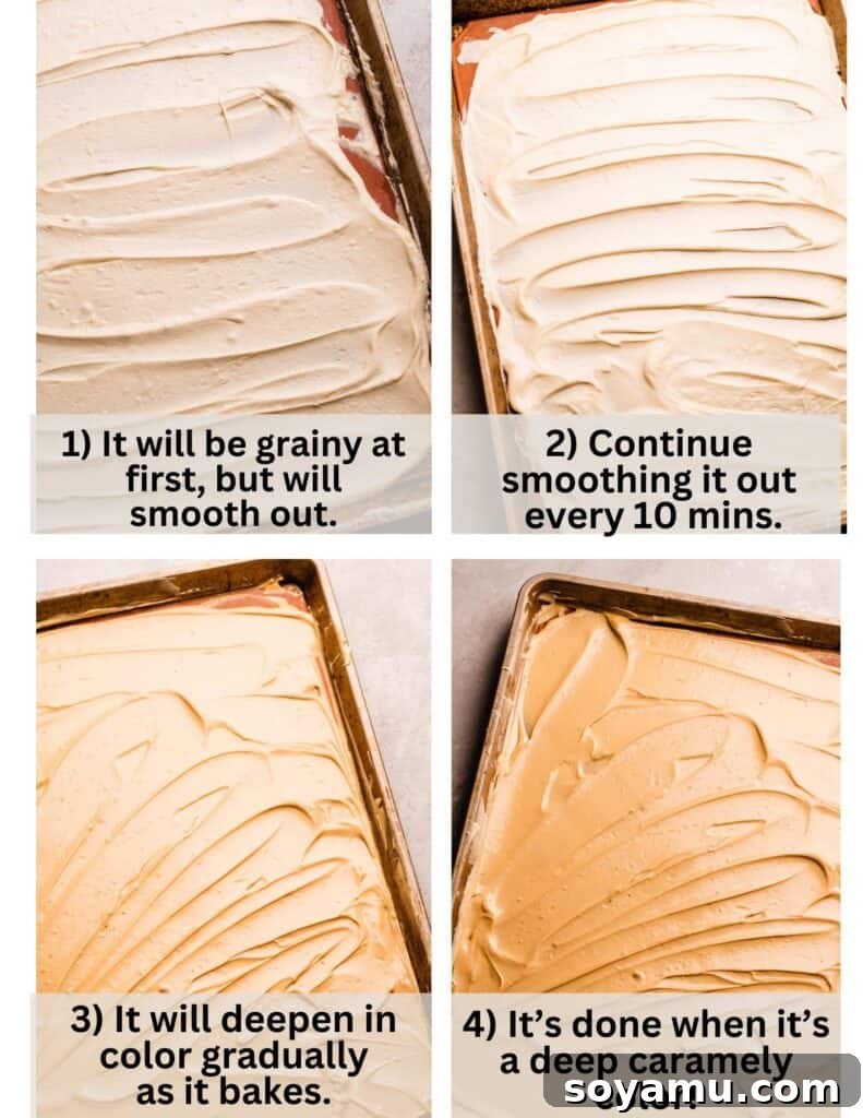Double Chocolate Caramelized White Chocolate Cookies 4 A visual guide depicting the stages of white chocolate caramelization, from creamy white to rich, golden brown.