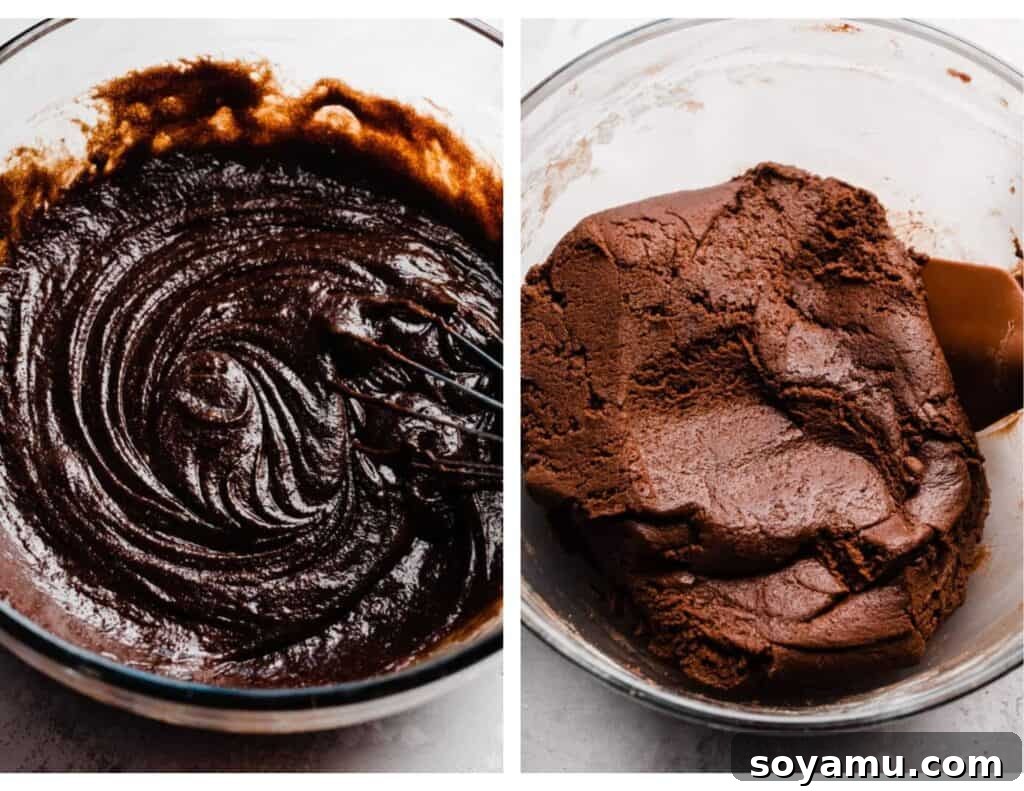 Double Chocolate Caramelized White Chocolate Cookies 5 A large mixing bowl filled with luscious, dark chocolate cookie dough, rich and ready for mix-ins.