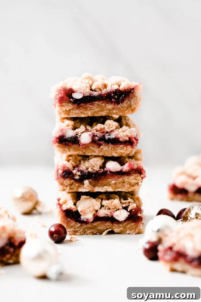 A close-up shot of freshly baked Cranberry White Chocolate Crumble Bars, showcasing the golden-brown oat topping and creamy white chocolate chips peeking through.