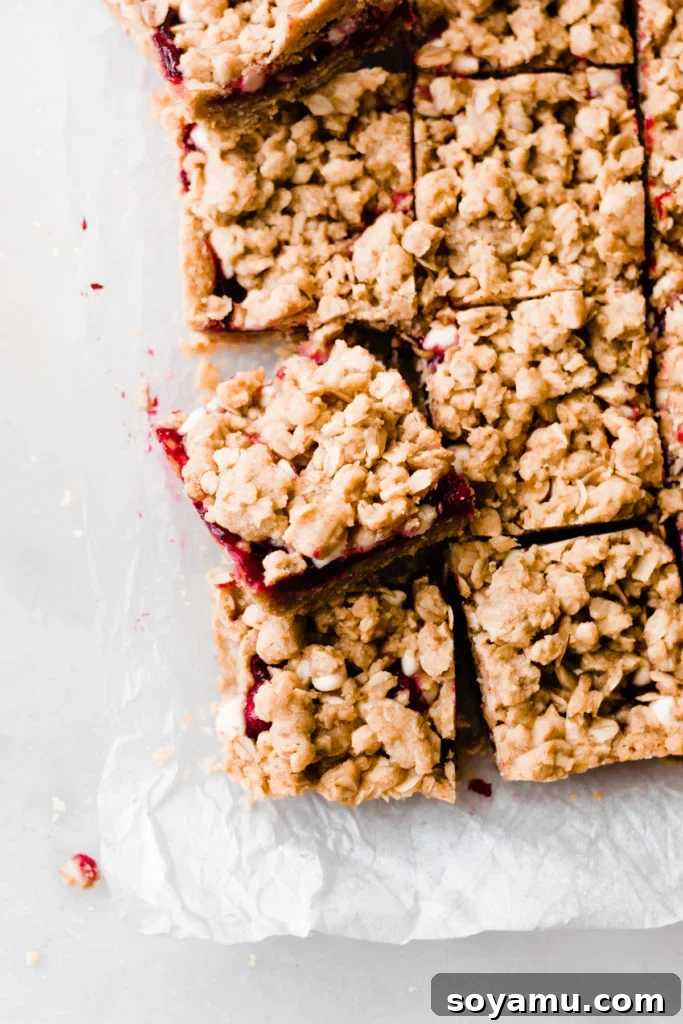 A beautifully sliced Cranberry White Chocolate Crumble Bar, showcasing its distinct layers of golden crumble, ruby cranberry, and creamy white chocolate.