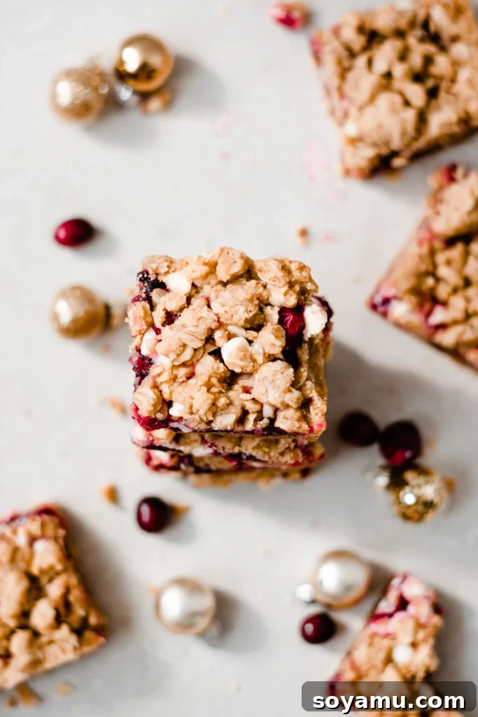 A stack of golden-brown Cranberry White Chocolate Crumble Bars, showing the irresistible buttery oat streusel topping in detail.