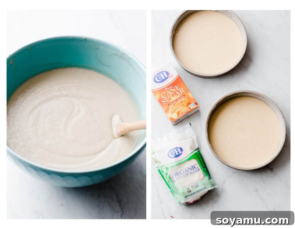 Preparing cake pans for baking Cake batter divided into three 9-inch cake pans