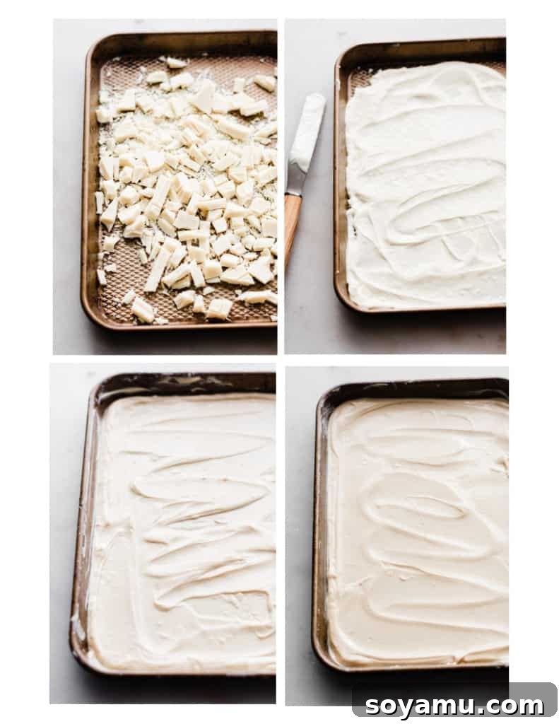 Stages of white chocolate caramelization White chocolate starting to melt and caramelize in the oven