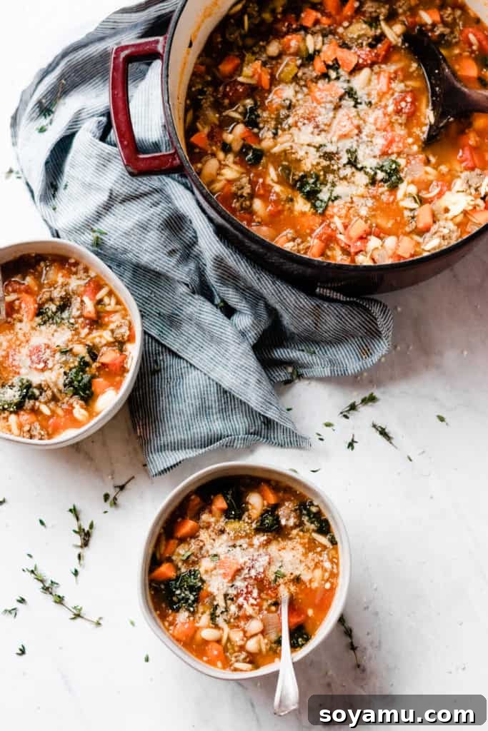 Healthy and Hearty Minestrone Soup - Made with carrots, diced tomatoes, kale, orzo, sausage, and TONS of flavor! This soup is the perfect cold-weather comfort food. It's filling, healthy, tastes incredible, and it's ready in under an hour! #soup #souprecipes #easyrecipes #glutenfreerecipes #minestronesoup #minestrone #winterrecipes #comfortfood #comfortfoodrecipes #healthyrecipes #dinnerrecipes #easyrecipes #easydinner #dairyfreerecipes #bluebowlrecipes | bluebowlrecipes.com Large cooking pot of Minestrone soup, with two bowls of minestrone to the side, ready to be served.