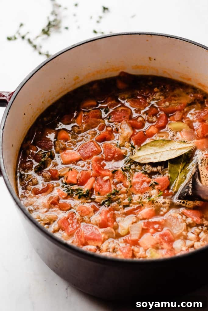 Healthy and Hearty Minestrone Soup - Made with carrots, diced tomatoes, kale, orzo, sausage, and TONS of flavor! This soup is the perfect cold-weather comfort food. It's filling, healthy, tastes incredible, and it's ready in under an hour! #soup #souprecipes #easyrecipes #glutenfreerecipes #minestronesoup #minestrone #winterrecipes #comfortfood #comfortfoodrecipes #healthyrecipes #dinnerrecipes #easyrecipes #easydinner #dairyfreerecipes #bluebowlrecipes | bluebowlrecipes.com Close view of Minestrone soup in the pot, with diced tomatoes and fresh herbs simmering.