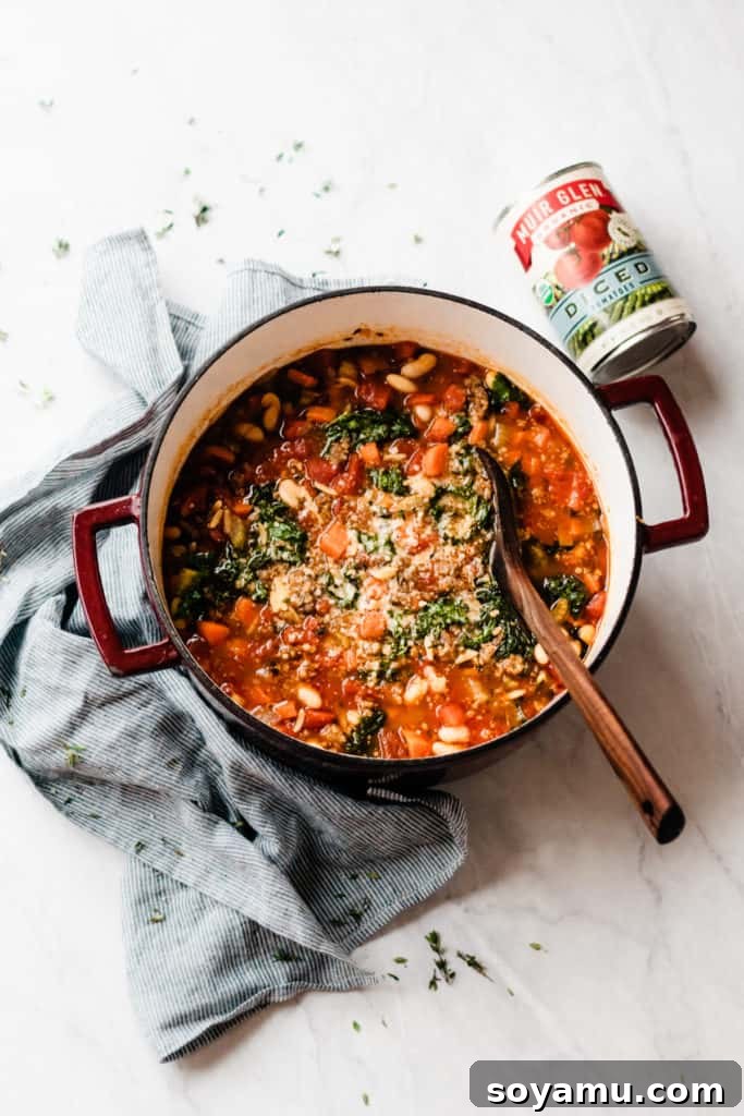 Healthy and Hearty Minestrone Soup - Made with carrots, diced tomatoes, kale, orzo, sausage, and TONS of flavor! This soup is the perfect cold-weather comfort food. It's filling, healthy, tastes incredible, and it's ready in under an hour! #soup #souprecipes #easyrecipes #glutenfreerecipes #minestronesoup #minestrone #winterrecipes #comfortfood #comfortfoodrecipes #healthyrecipes #dinnerrecipes #easyrecipes #easydinner #dairyfreerecipes #bluebowlrecipes | bluebowlrecipes.com Large cooking pot with wooden spoon stirring Minestrone vegetable soup.