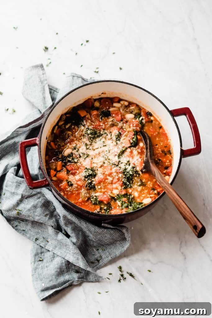 Healthy and Hearty Minestrone Soup - Made with carrots, diced tomatoes, kale, orzo, sausage, and TONS of flavor! This soup is the perfect cold-weather comfort food. It's filling, healthy, tastes incredible, and it's ready in under an hour! #soup #souprecipes #easyrecipes #glutenfreerecipes #minestronesoup #minestrone #winterrecipes #comfortfood #comfortfoodrecipes #healthyrecipes #dinnerrecipes #easyrecipes #easydinner #dairyfreerecipes #bluebowlrecipes | bluebowlrecipes.com Large cooking pot with wooden spoon stirring Minestrone vegetable soup.