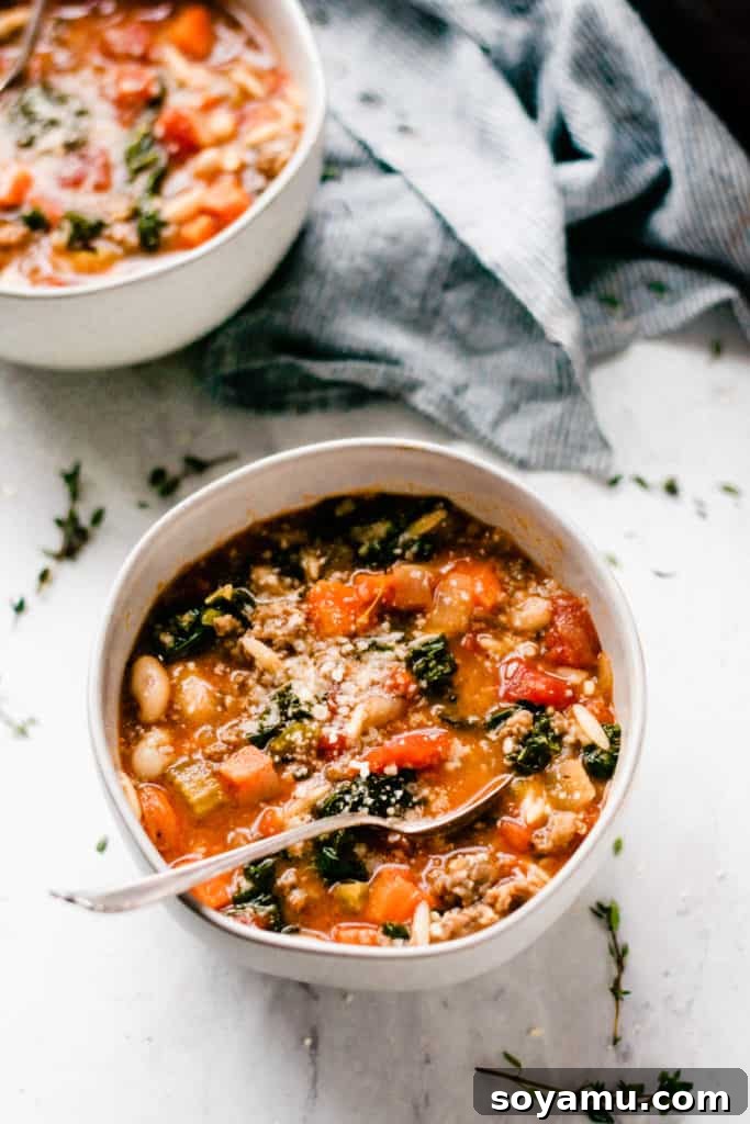 Healthy and Hearty Minestrone Soup - Made with carrots, diced tomatoes, kale, orzo, sausage, and TONS of flavor! This soup is the perfect cold-weather comfort food. It's filling, healthy, tastes incredible, and it's ready in under an hour! #soup #souprecipes #easyrecipes #glutenfreerecipes #minestronesoup #minestrone #winterrecipes #comfortfood #comfortfoodrecipes #healthyrecipes #dinnerrecipes #easyrecipes #easydinner #dairyfreerecipes #bluebowlrecipes | bluebowlrecipes.com A bowl of the healthy and hearty minestrone soup, garnished with herbs.
