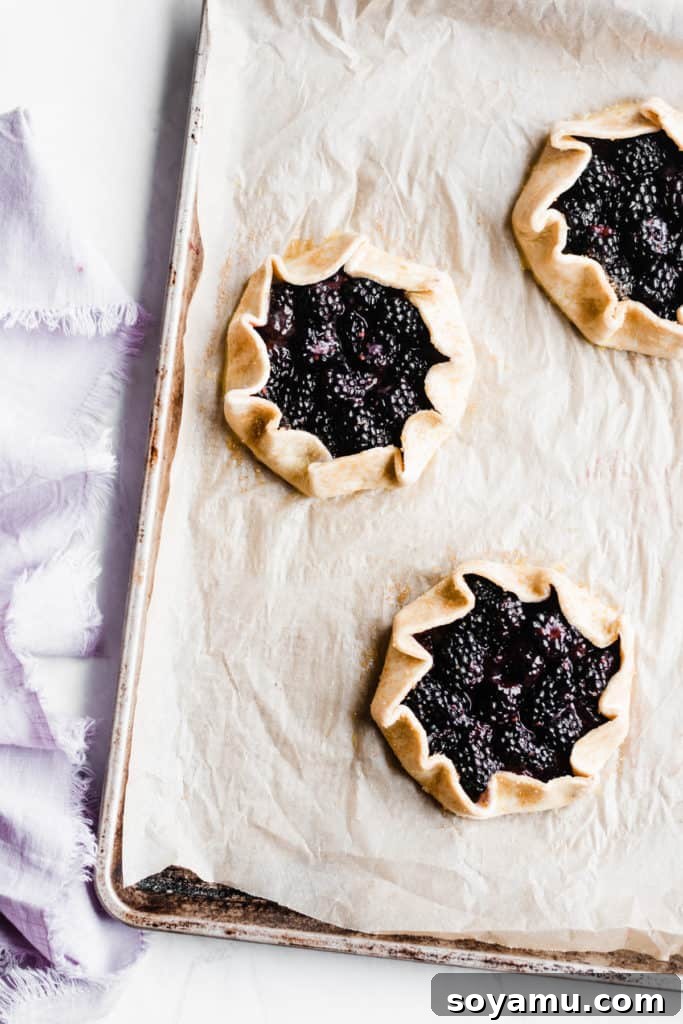 Several uncooked mini galettes on a baking sheet, with their edges folded over the fruit filling and brushed with a golden egg wash. They are neatly arranged, showcasing their rustic appeal, ready to be baked.