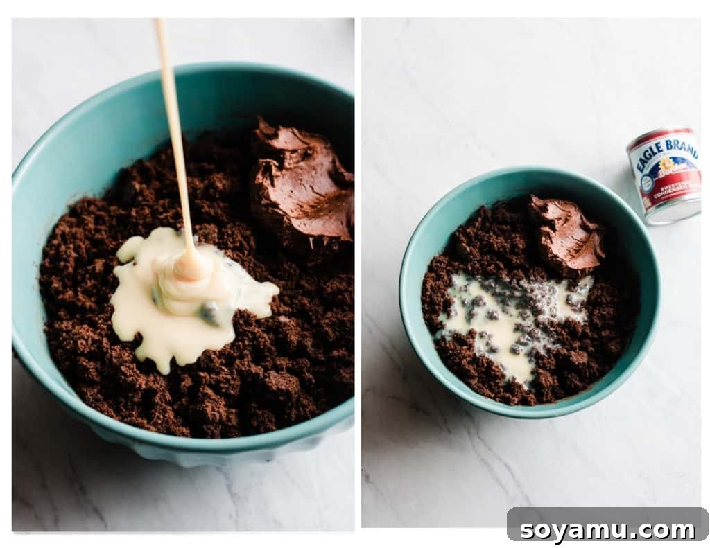 Achieving the ideal consistency for cake pop dough Chocolate cake crumbles ready to be mixed with sweetened condensed milk and frosting for cake pops.