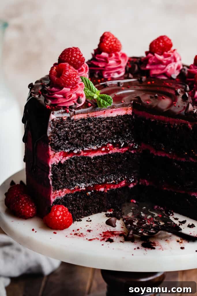 Decadent Raspberry Chocolate Delight 12 A close-up of the intricately sliced open cake, showing its layers and textures.