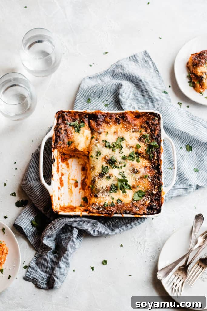 The baking dish of lasagna with a few servings removed, showcasing its delicious layers.