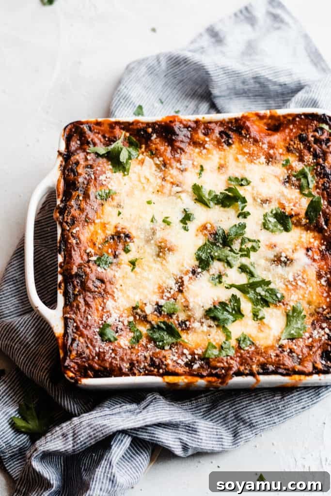 A close-up of the dish of homemade lasagna, showing the rich, cheesy layers.