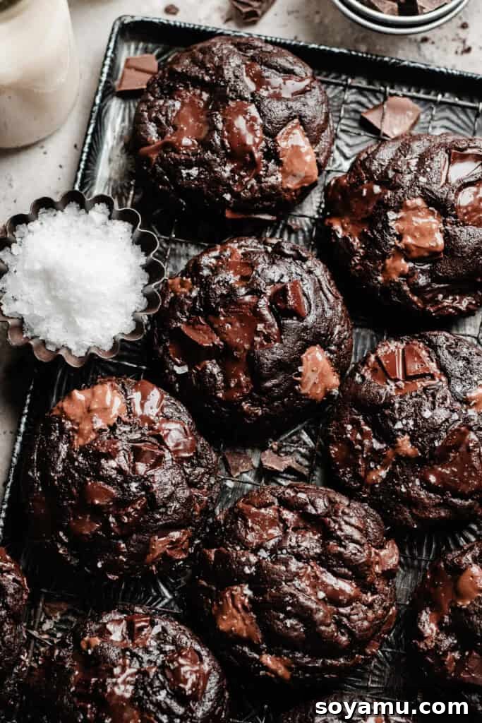 Triple Chocolate Chunk Cookies - World, meet Triple Chocolate Chunk Cookies! Ultra fudgy, with crackly tops - and three kinds of chocolate chunks! We're mixing semi-sweet, milk, and dark chocolate to make the richest possible chocolate cookie. Sprinkle some flaky sea salt over those melted pools of chocolate and dive in to dessert heaven! #chocolatecookies #cookierecipes #chocolaterecipes #chocolatedesserts #bluebowlrecipes | bluebowlrecipes.com A baking pan filled with freshly baked triple chocolate cookies, generously sprinkled with flaky sea salt, cooling down.