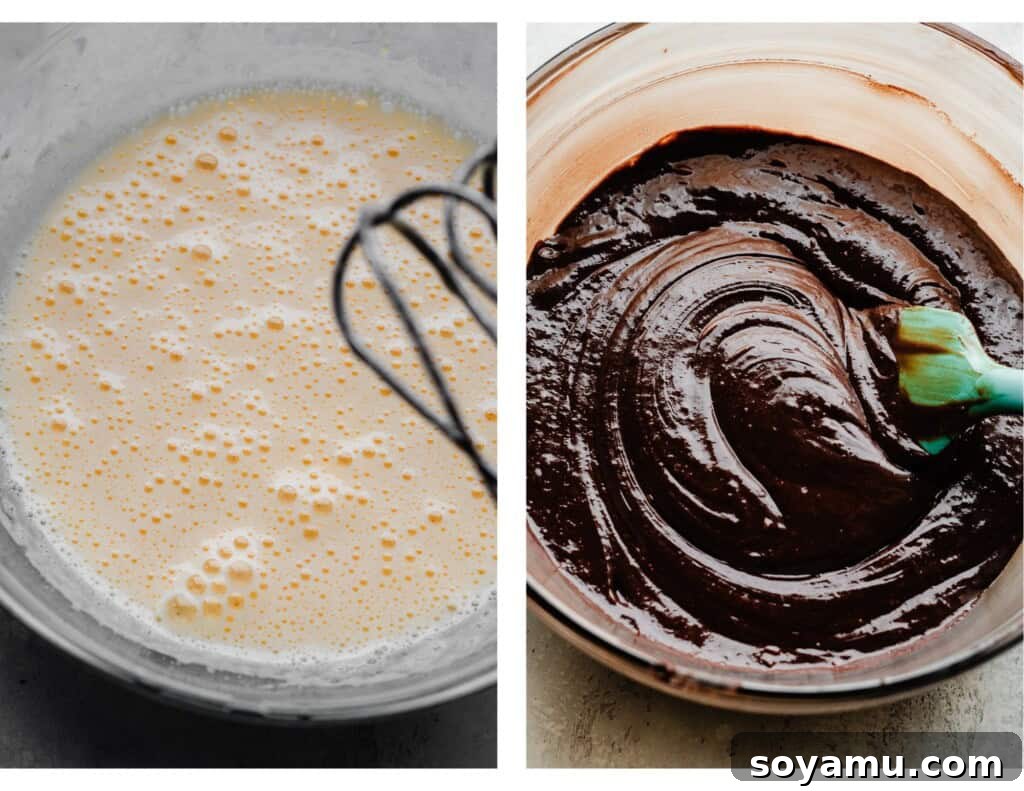 Ultimate Fudgy Triple Chocolate Cookies 2 A bowl illustrating two stages of cookie dough preparation: first, beaten eggs and sugar, then the addition of melted chocolate being stirred into the frothy mixture.