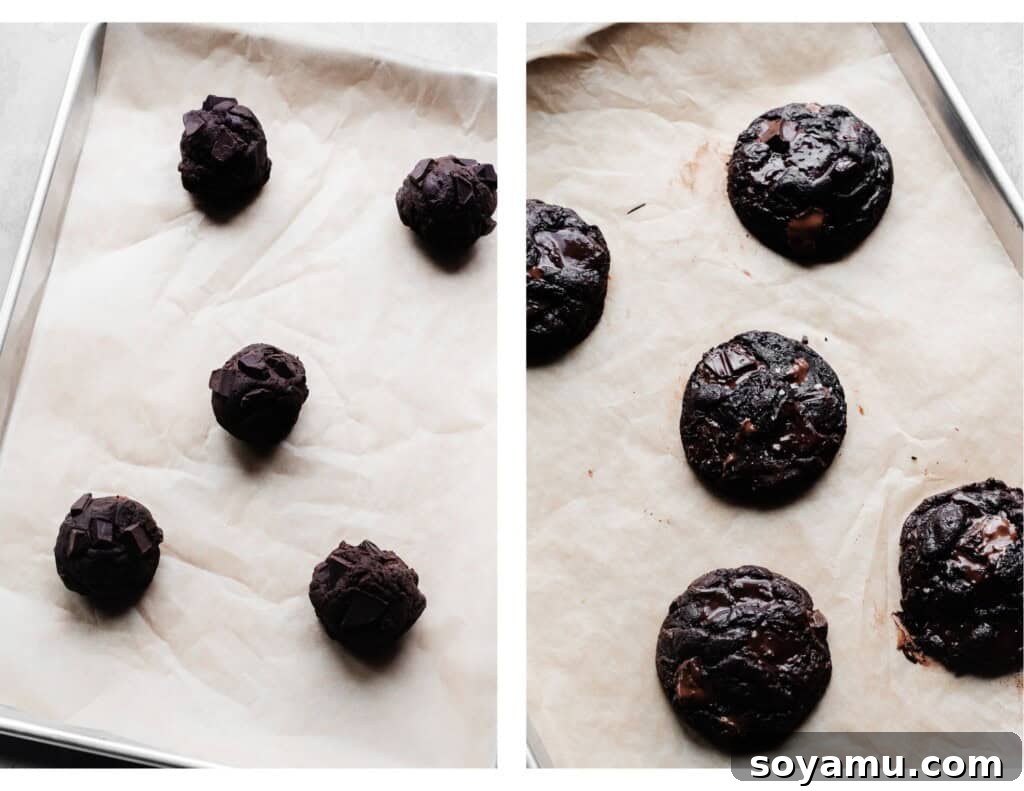Triple Chocolate Chunk Cookies - World, meet Triple Chocolate Chunk Cookies! Ultra fudgy, with crackly tops - and three kinds of chocolate chunks! We're mixing semi-sweet, milk, and dark chocolate to make the richest possible chocolate cookie. Sprinkle some flaky sea salt over those melted pools of chocolate and dive in to dessert heaven! #chocolatecookies #cookierecipes #dessertrecipes #cookies #chocolaterecipes #chocolatedesserts #bluebowlrecipes | bluebowlrecipes.com A baking pan filled with unbaked cookie dough balls alongside a pan of perfectly baked triple chocolate cookies, illustrating the transformation.
