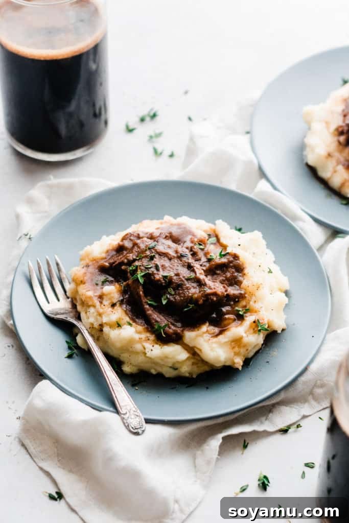 Beer Braised Short Ribs with Cheddar Mashed Potatoes - Fall-apart tender and full of flavor! Beer Braised Short Ribs served on a bed of fluffy cheddar mashed potatoes.