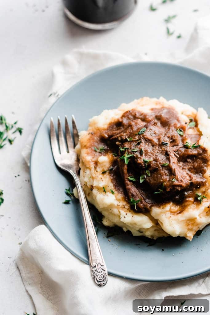 Slow-Braised Beer Ribs with Creamy Cheddar Mash 2 Plated cheddar mashed potatoes topped with shredded beer braised short ribs, garnished with fresh herbs.