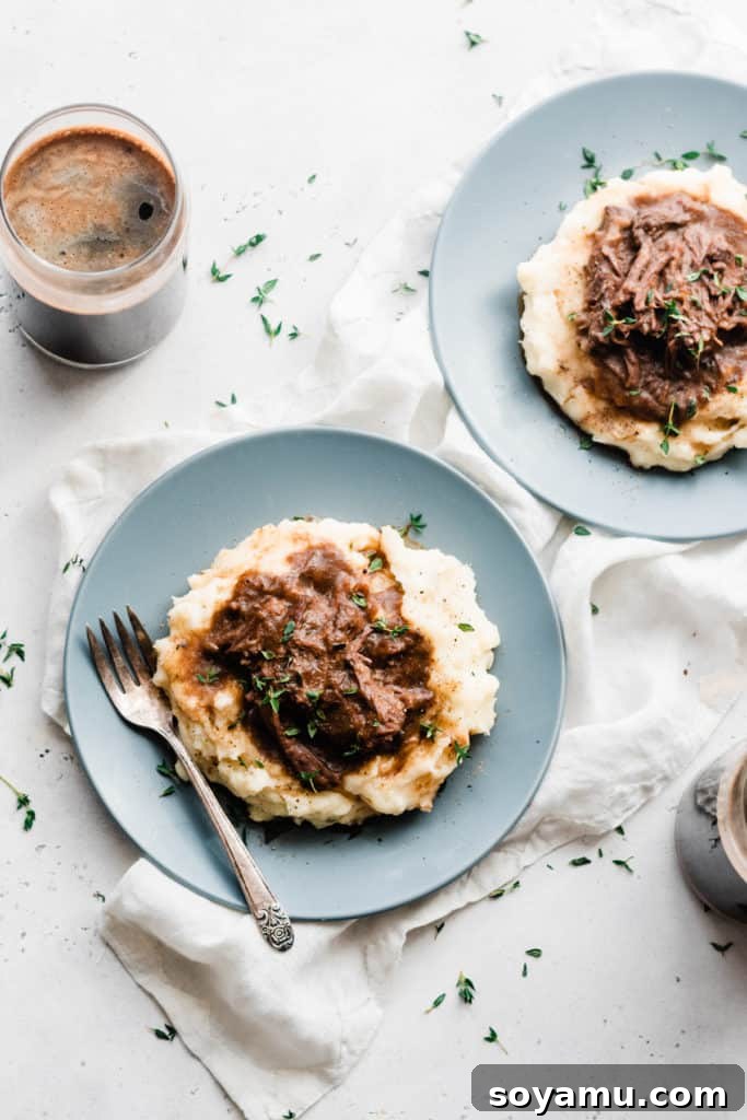 Bird's eye view of Beer Braised Short Ribs with Cheddar Mashed Potatoes. A top-down view of tender short ribs beautifully plated on mashed potatoes.