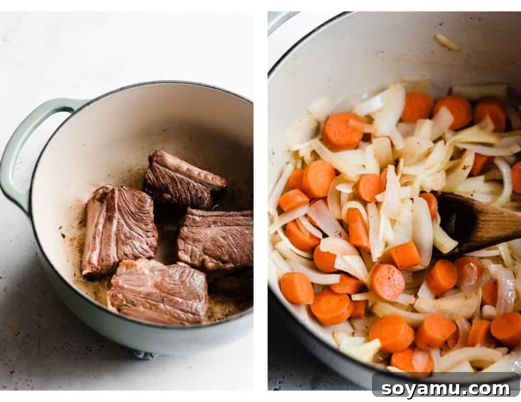 Browning Short Ribs and Sautéing Vegetables for Beer Braised Short Ribs. Two images side by side: one showing short ribs browning in a Dutch oven, and the other showing carrots and onions sautéing in the same pot.