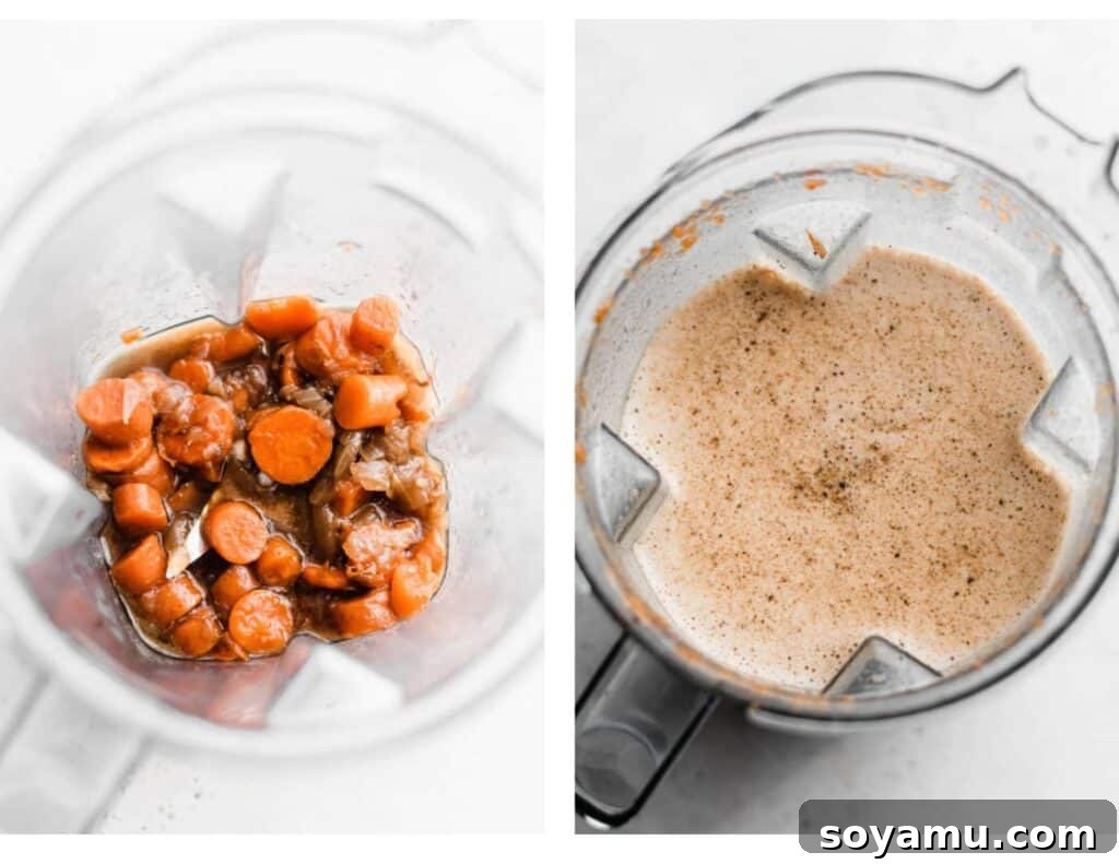 Transforming Braising Liquid into a Rich Short Rib Sauce. Two images showing the process of making the short rib sauce: one of the braised vegetables and liquid in a blender, and the other of the smooth, rich sauce after blending and reduction.