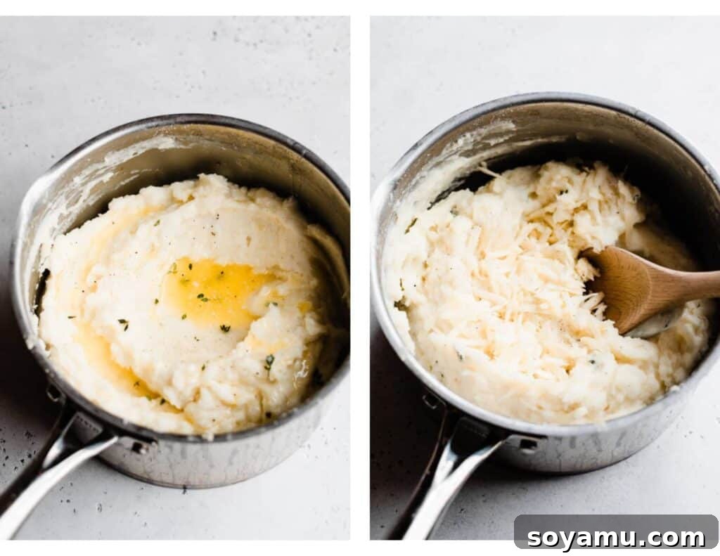 Finishing Creamy Cheddar Mashed Potatoes. Two images illustrating the mashed potato process: one showing warm herbed butter being poured over mashed potatoes, and the other of grated white cheddar cheese being stirred into the creamy mash.