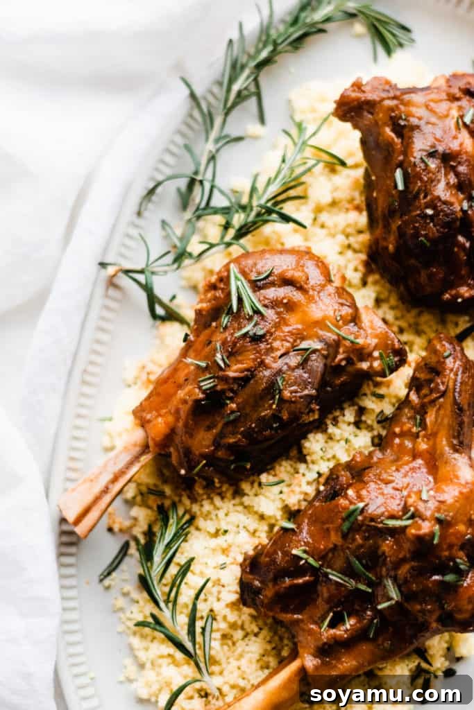 Close-up of Red Wine Braised Lamb Shanks with couscous Close-up of perfectly cooked lamb shanks and couscous on a plate