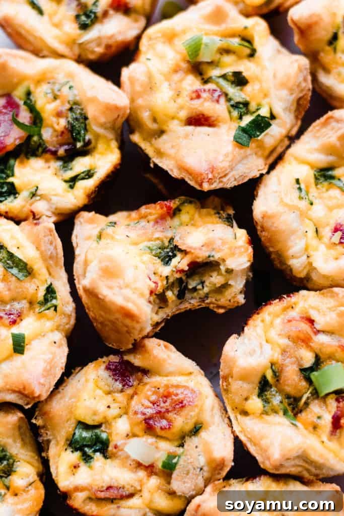 Mini Quiche Cups with Spinach, Bacon, and Cheddar - Made with store-bought puff pastry, filled with a delicious smoky, flavorful mixture of gruyere and cheddar cheese, spinach, bacon, eggs, and milk. Perfect for Easter brunch. #easterrecipes #brunchrecipes #quiche #breakfastrecipes #brunch #easterbrunch #spinachquiche #bacon #miniquiche A collection of mini quiche cups, one with a bite taken out, showcasing the rich filling and golden crust.