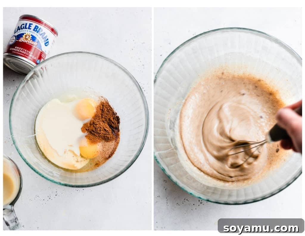 French toast batter ingredients being whisked in a bowl Batter ingredients being mixed in a bowl