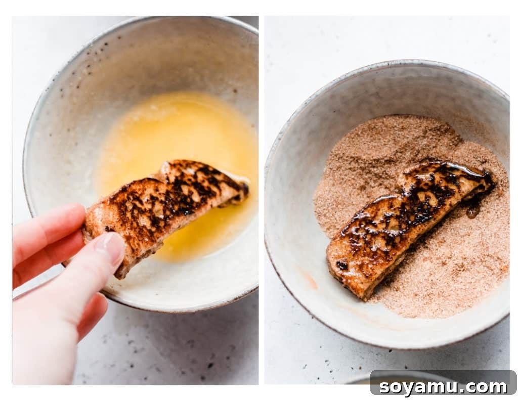 The joyous process of coating French Toast Sticks in cinnamon sugar French toast sticks being coated in melted butter and cinnamon sugar