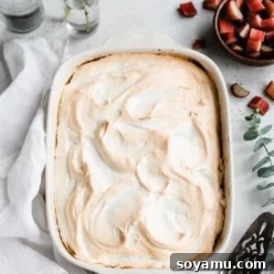 Old-Fashioned Rhubarb Torte with shortbread crust, rhubarb filling, and meringue topping