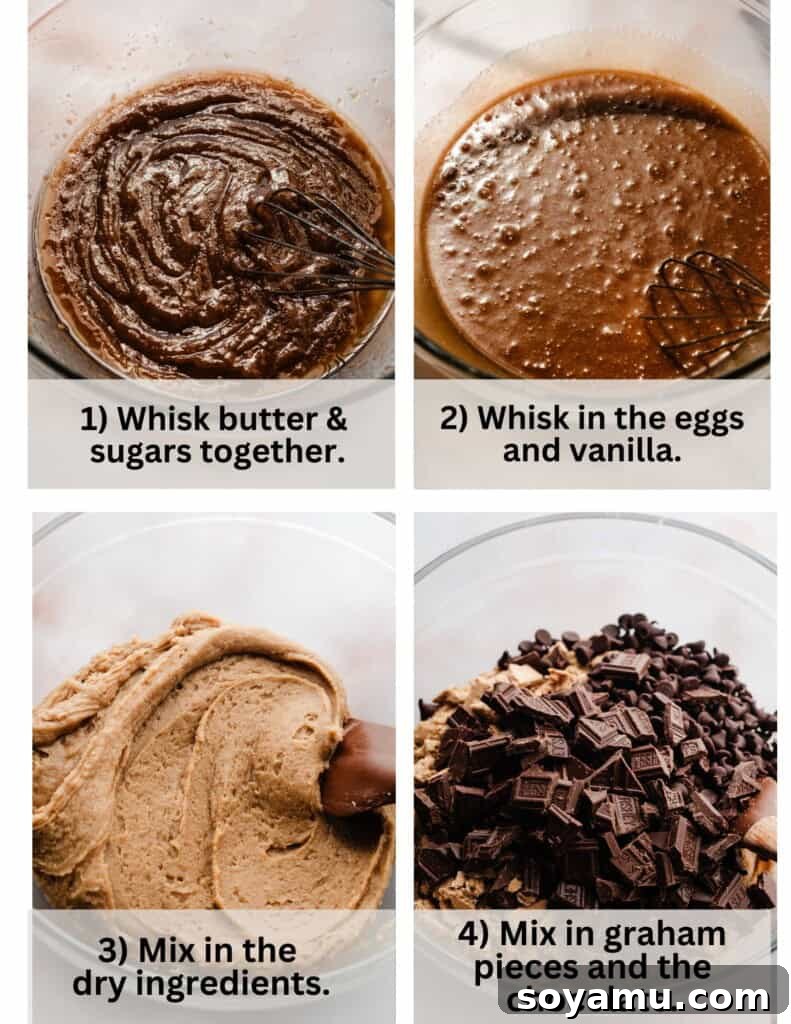 Marshmallow Stuffed S'mores Cookies 4 A collage of four images showing the cookie dough coming together.