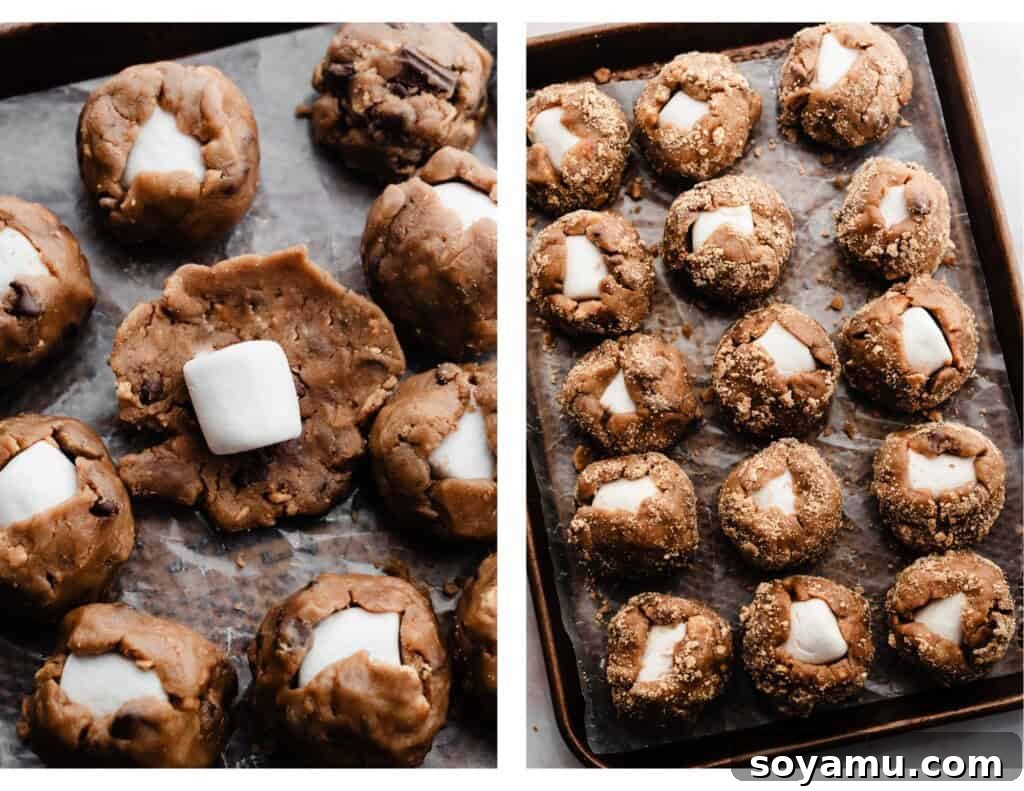 Marshmallow Stuffed S'mores Cookies 5 Two side-by-side images showing the cookies being stuffed with marshmallows and rolled in graham crumbs.