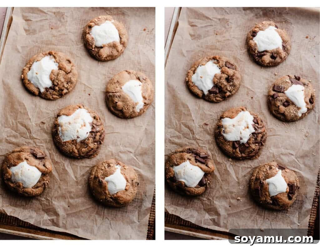 Marshmallow Stuffed S'mores Cookies 6 Two images showing the baked cookies and the baked cookies after being scooted.