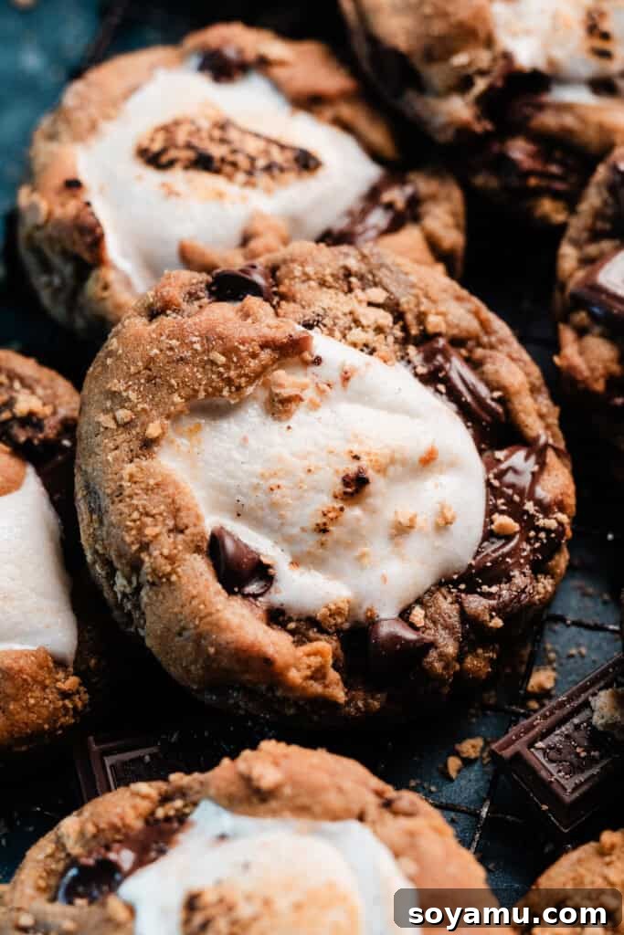 Marshmallow Stuffed S'mores Cookies 7 A close-up on a s'mores cookie stuffed with a gooey marshmallow.