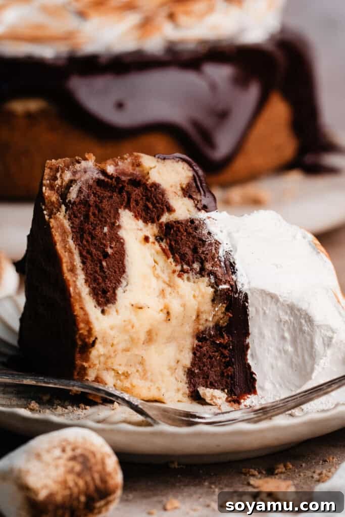 Decadent S'mores Cheesecakes with Golden Marshmallow Meringue 3 A slice of s'mores cheesecake on a plate, with bites missing.