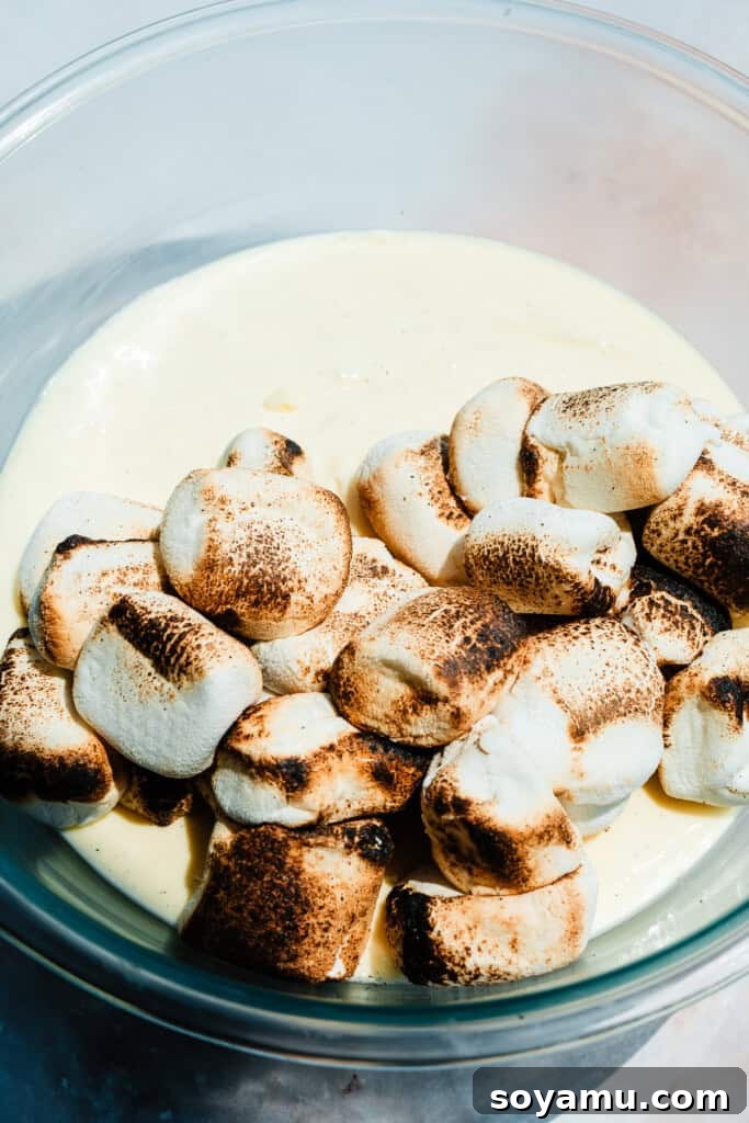Decadent S'mores Cheesecakes with Golden Marshmallow Meringue 6 Toasted marshmallows sitting atop the bowl of plain batter.