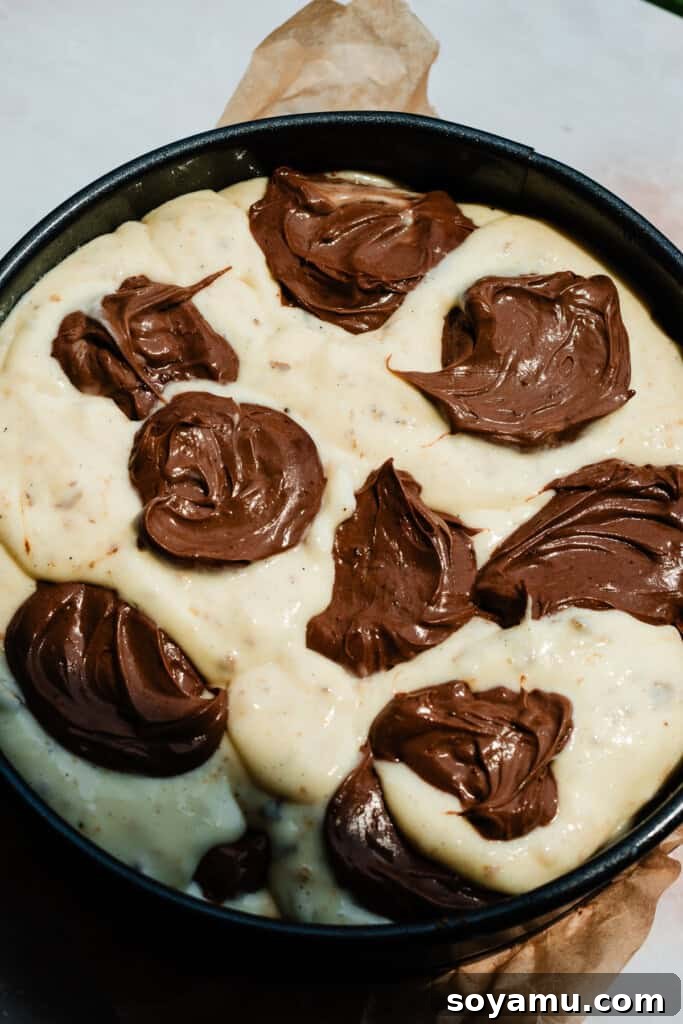 Decadent S'mores Cheesecakes with Golden Marshmallow Meringue 9 Dollops of the two batters in the springform pan.