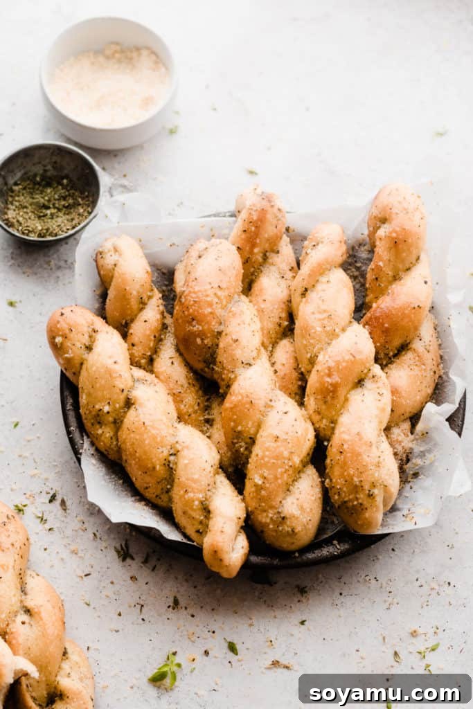 A plate of twisted breadsticks generously sprinkled with parmesan and herbs, showcasing their golden-brown finish and irresistible appeal.